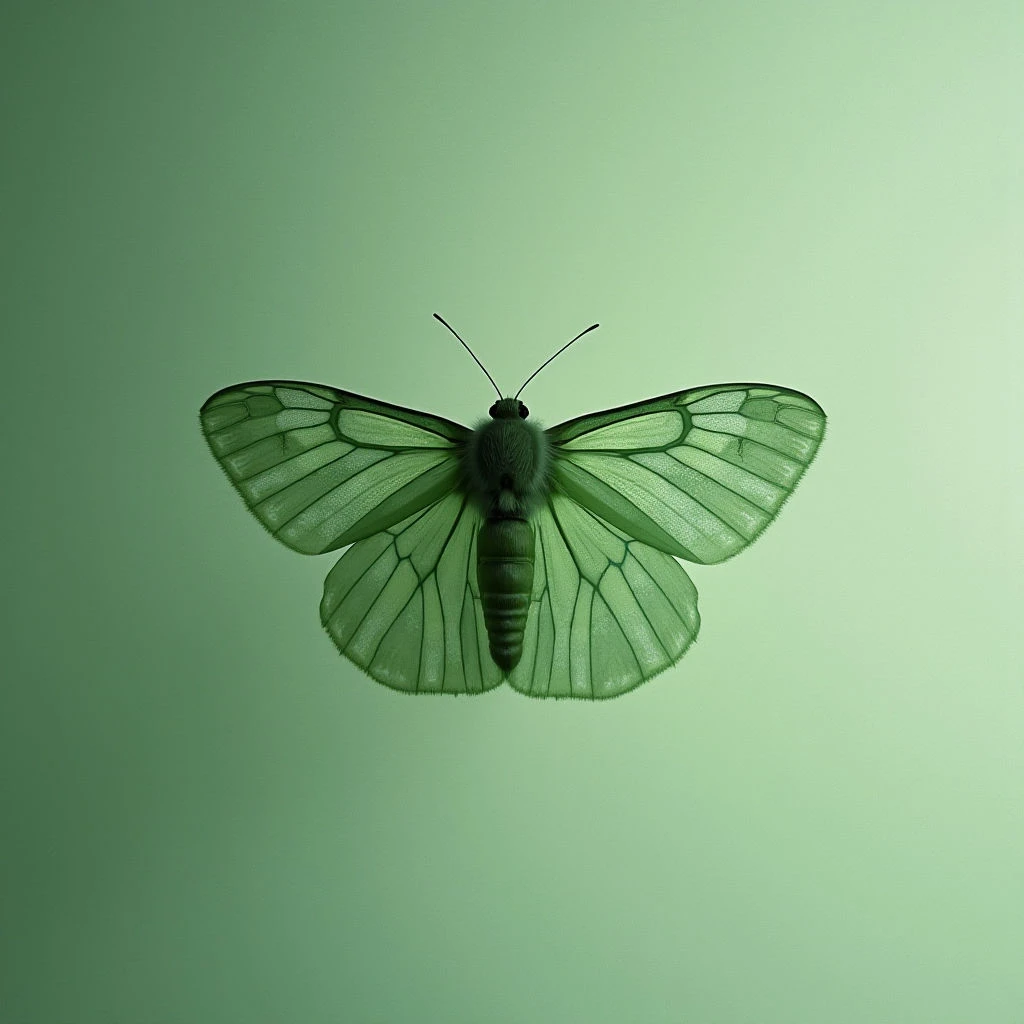 The image is dominated by shades of green, ranging from a lighter background to a deeper hue in the central subject. A butterfly with translucent wings is positioned centrally, exhibiting delicate veining and a smooth body texture contrasted against the flat backdrop. Soft lighting creates subtle gradients and highlights on the insect’s form, while its symmetrical shape stands out within the expansive negative space.