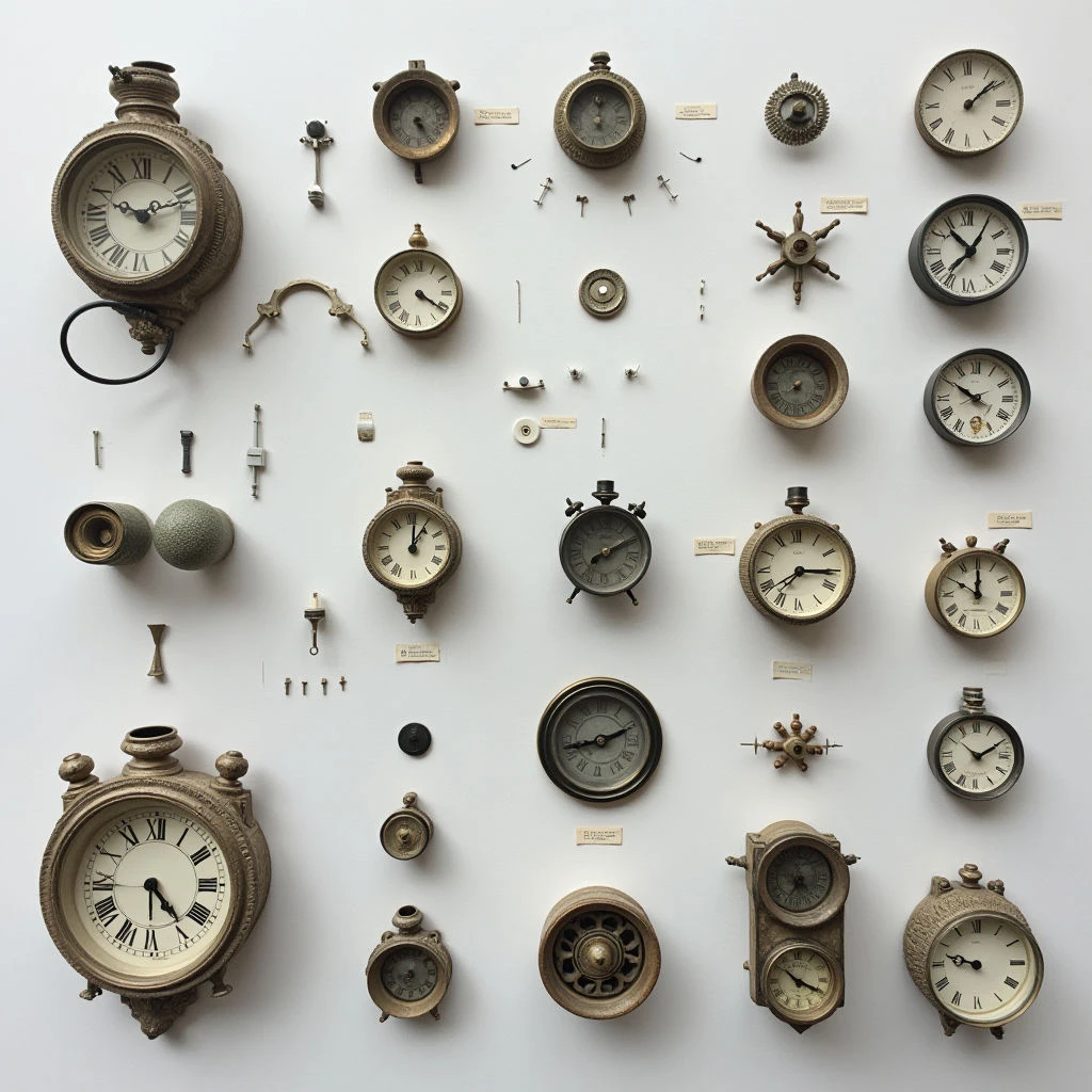 Numerous clock faces and parts are arranged across a pale background, appearing disassembled or as individual components. The clocks vary in size and style, mostly featuring ornate gold-toned metal casings and classic Roman numeral displays. Small tags with writing are affixed near many of the pieces, suggesting they may be labeled for inventory or repair.