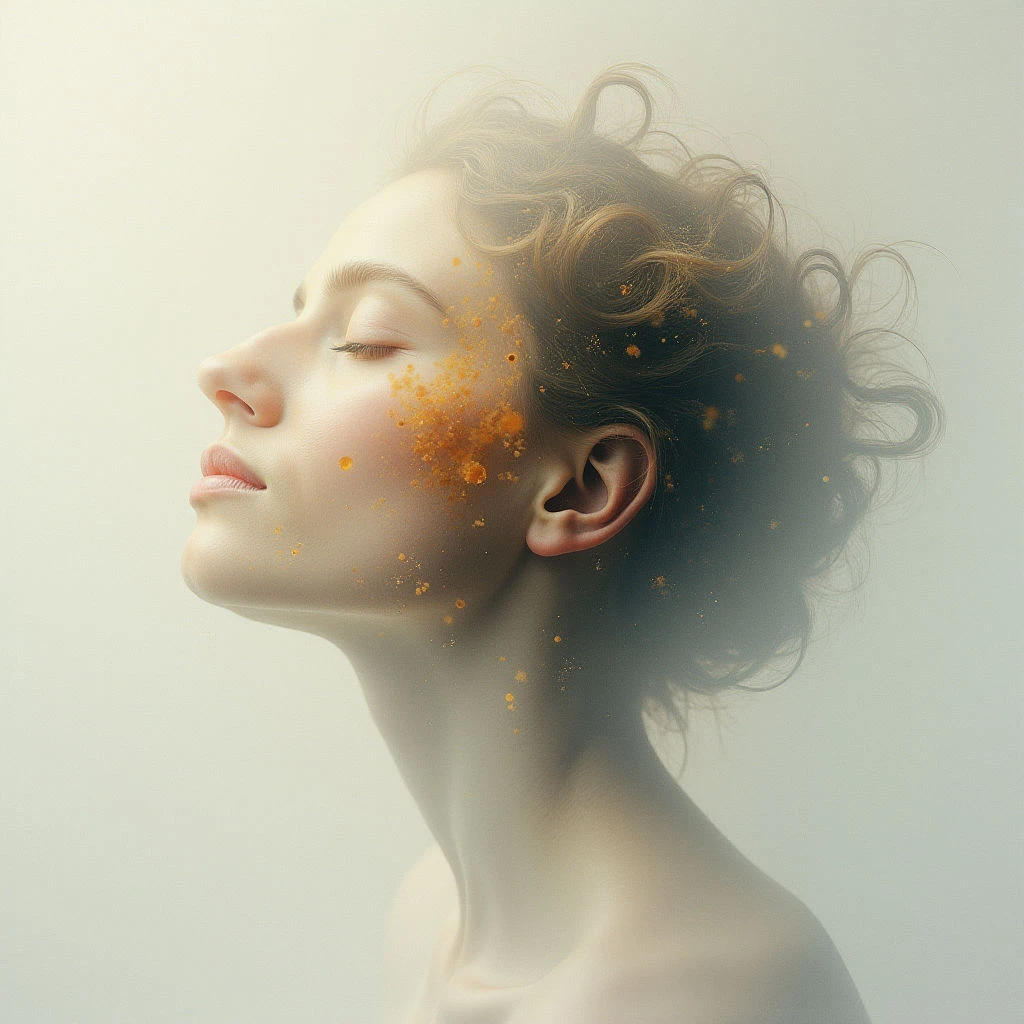 A woman with closed eyes and a serene expression is shown in profile against a pale background. Her hair is styled in loose curls, appearing to dissolve into golden particles around her face and neck. The overall effect suggests a sense of fragility and ethereal beauty.
