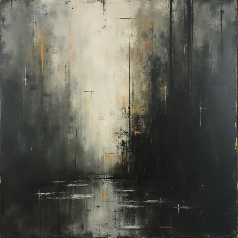 A stark, abstract landscape dominates the view with a focus on vertical lines suggesting buildings or trees fading into mist. Shades of gray and black are softened by a bright central area and occasional streaks of gold, creating a sense of depth and distance. A dark reflection at the bottom hints at water or a shadowed ground plane.