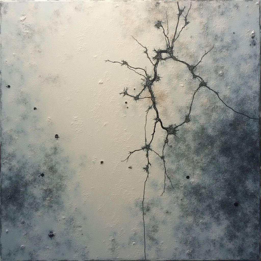 Delicate, dark branches reach across a pale, textured background reminiscent of sky or fog. Mottled gray and black areas cluster towards the edges, contrasting with the lighter center where the branches are most visible. Small dark spots are scattered throughout the composition like distant specks against the airy expanse.