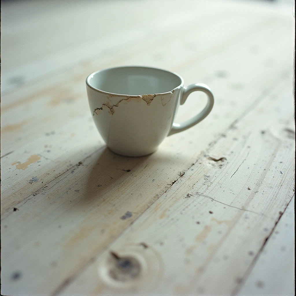 A chipped white mug sits on a worn, light-colored wooden surface. The cup has significant damage along its rim, revealing a rough, uneven break. The wood shows signs of age and use with visible grain and knots.