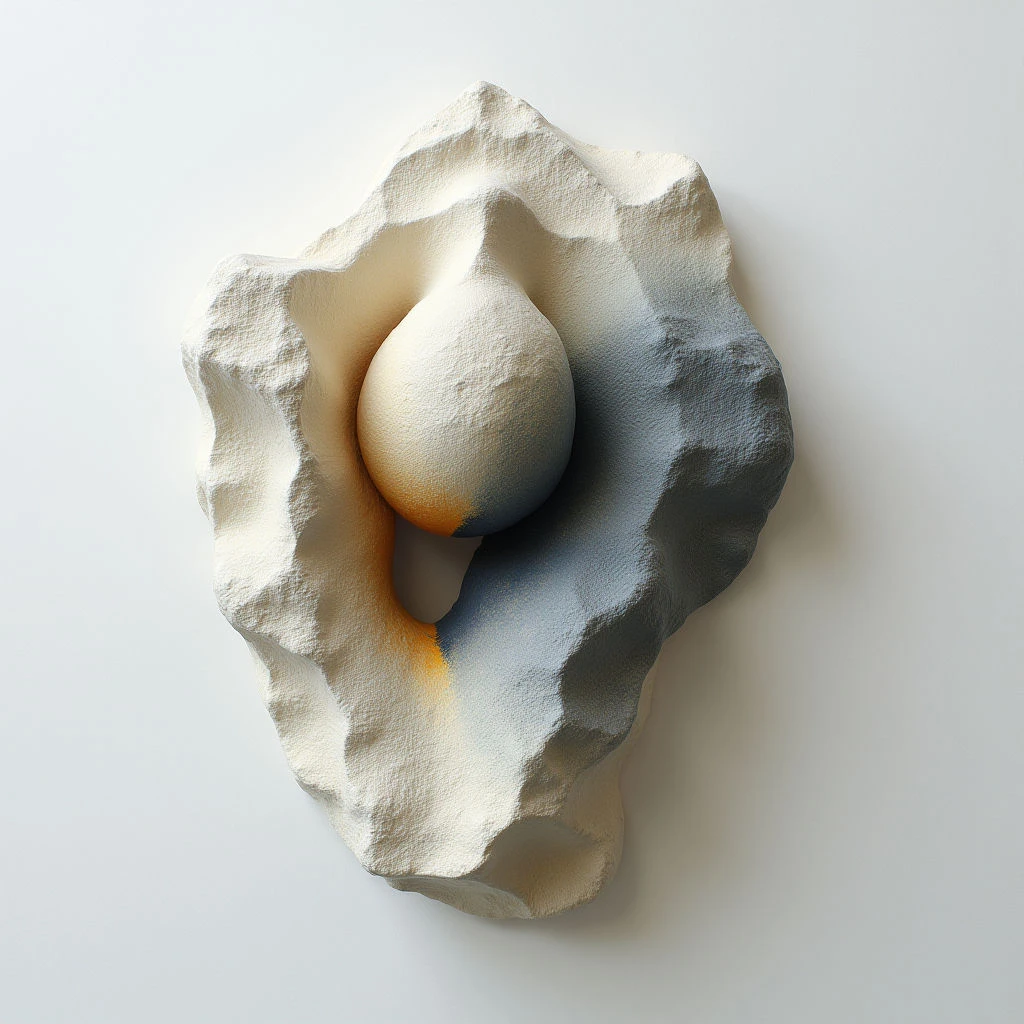 A pale, textured form resembling a rough stone shell cradles a smooth, spherical object within its center. The interior of the shell is painted with washes of blue and orange, contrasting with the off-white exterior and sphere. The overall impression is organic and sculptural, suggesting natural processes like erosion or growth.