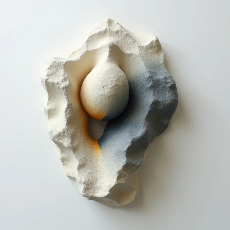 A pale, textured form resembling a rough stone shell cradles a smooth, spherical object within its center. The interior of the shell is painted with washes of blue and orange, contrasting with the off-white exterior and sphere. The overall impression is organic and sculptural, suggesting natural processes like erosion or growth.