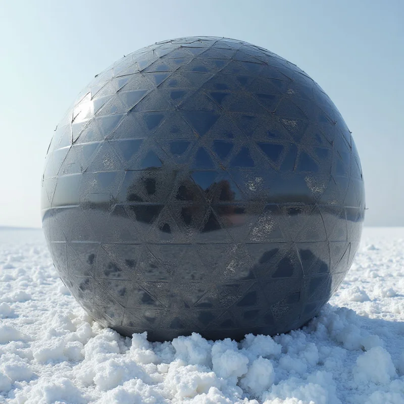 A large, dark grey sphere with a faceted, geometric texture sits embedded in a bright white, granular landscape under a pale blue sky. The sphere's surface features reflective triangular panels that catch the light and mirror the surrounding environment. A clear spatial contrast exists between the smooth, heavy volume of the orb and the uneven, lumpy texture of the snowy terrain below.