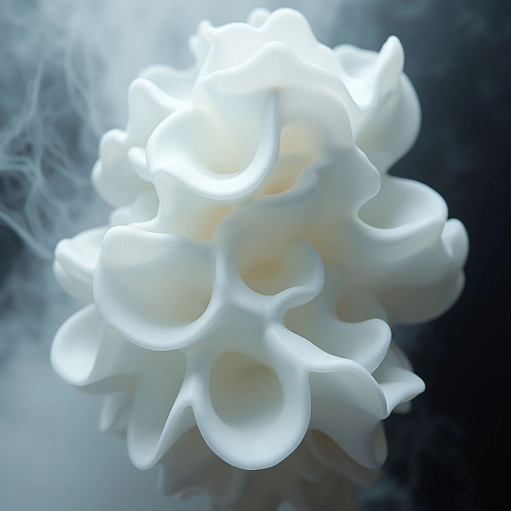 A complex, organic structure resembling a flower or coral is prominently displayed against a dark background. The object is pure white with softly curved layers and openings throughout its form. Wisps of pale smoke curl around the sculpture, adding to an ethereal quality.
