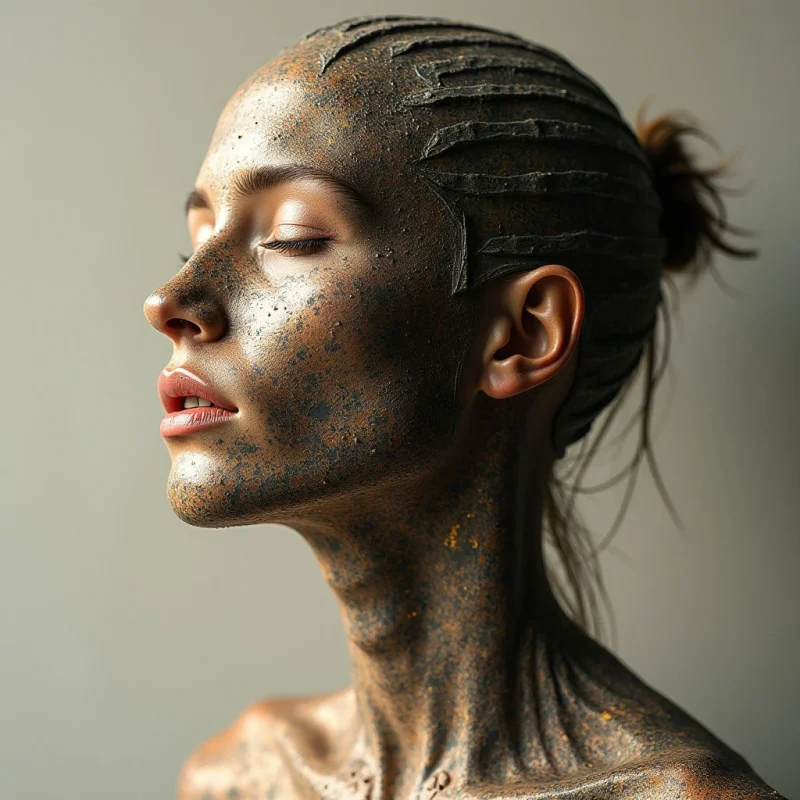 A profile view of a person features skin covered in dark, granular, earth-toned textures and speckles against a smooth, pale neutral background. Soft light illuminates the side of the face and neck, creating gentle highlights on the skin's uneven surface and defining the contours of the facial features. The composition focuses on the vertical lines of the neck and head, set within a minimalist, shallow spatial field.