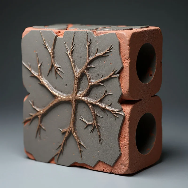 The object is a roughly cubic form composed of reddish-brown material with inset gray panels featuring branching, metallic-toned root structures. The surface texture varies from smooth on the reddish-brown areas to rough and detailed within the root carvings and around fractured edges. Light appears to come primarily from above and slightly to the left, casting shadows that emphasize the relief of the roots and define the object’s spatial position on a neutral gray ground plane.