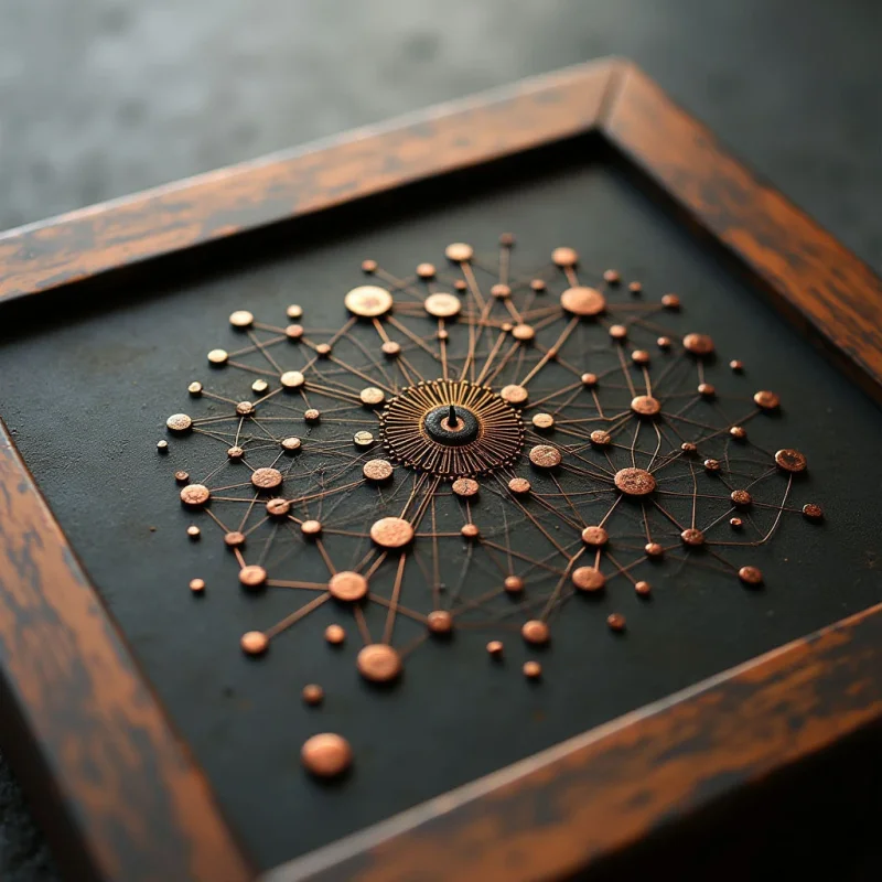 The image features a dark background with a central circular arrangement of small copper-toned discs connected by thin lines radiating from a detailed core element. A textured wooden frame in shades of brown surrounds the composition, creating a defined border and sense of depth. Light appears to be focused on the center, highlighting the varying textures of the metallic elements and casting subtle shadows across the dark field.