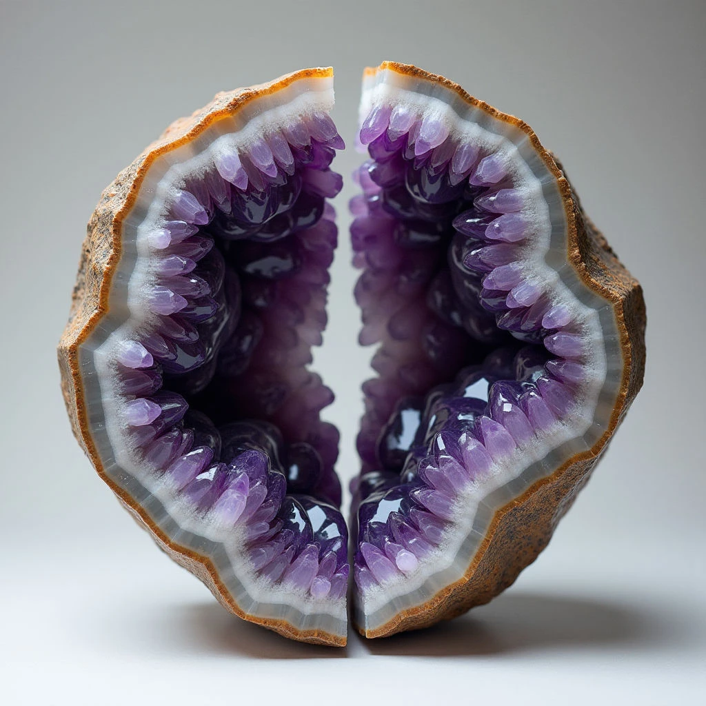 The image features a cleaved geode displaying rich purple crystal formations within contrasting tan and off-white layered rock. The crystals exhibit a glossy texture while the surrounding stone appears rough and porous. Light reflects strongly off the inner surfaces of both halves, creating highlights and shadows that emphasize the depth of the cavity and their separation from one another on a neutral background.