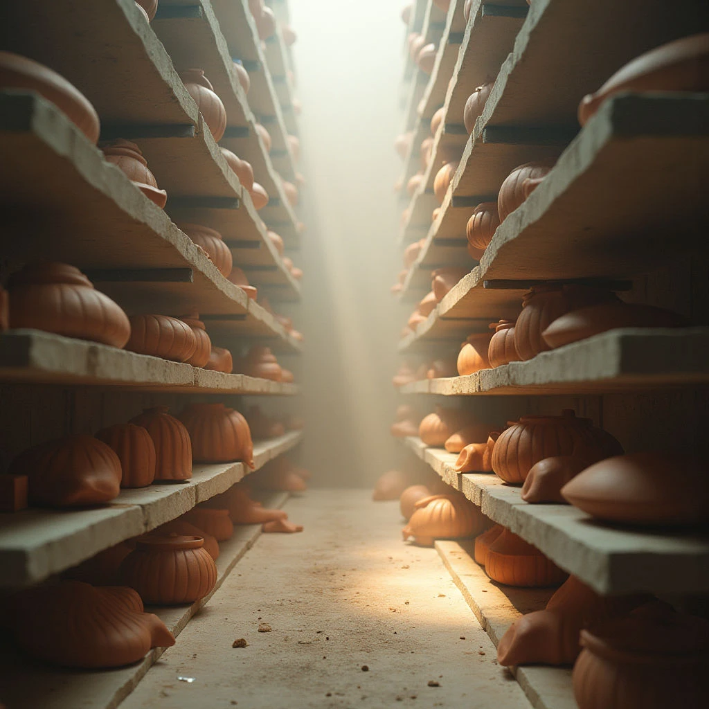 The image features rows of terracotta pots arranged on wooden shelves that recede into a hazy distance. Warm, earthy tones dominate the scene, with variations in orange and brown defining both the pottery and shelving materials; textures appear slightly rough and granular. A strong central light source illuminates the space, creating a gradient effect from bright highlights near the foreground to softer shadows further back, emphasizing depth and linear perspective.