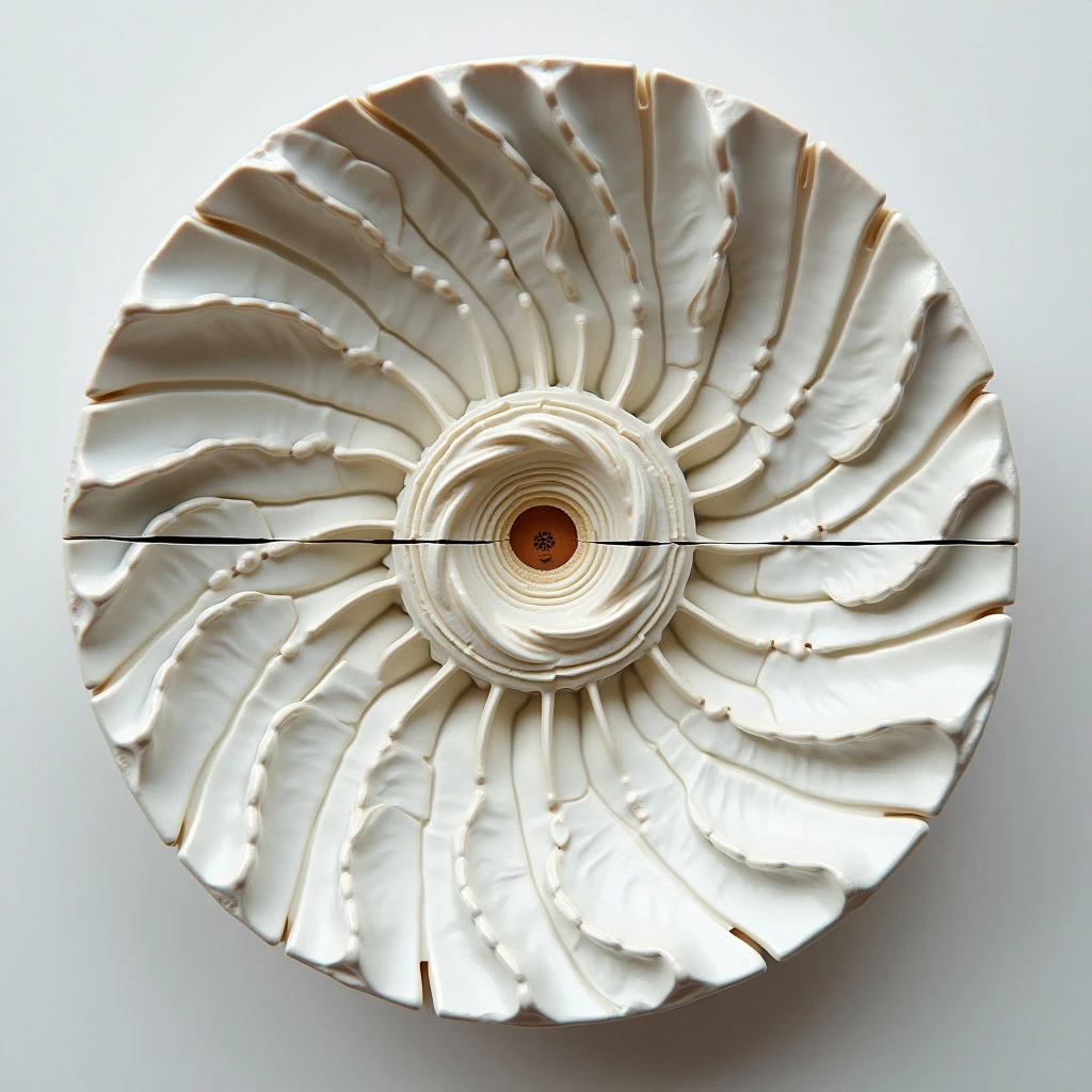 A circular, off-white object with a radiating, petal-like structure is centered on a light background. The petals are unevenly shaped and textured, curving outwards from a tightly coiled center. A small brown section punctuates the very middle of the spiral form, bisected by a dark line running through the core.