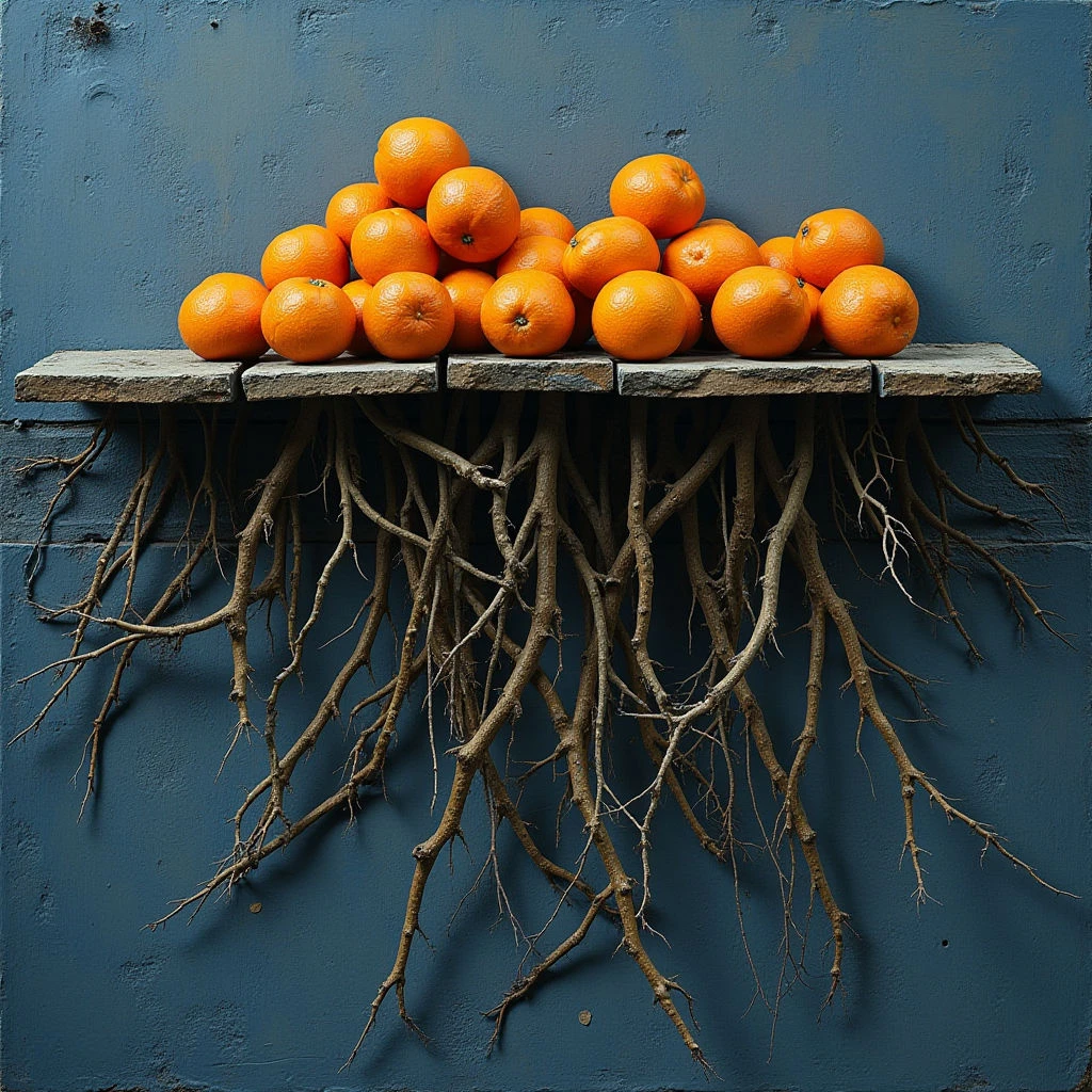 A collection of bright orange citrus fruits rests on a rough-hewn wooden shelf against a textured blue wall. Below the shelf, a network of pale brown tree roots extends outward, creating an inverted, organic structure. Soft, diffused light illuminates the scene evenly, highlighting the contrast between the smooth fruit and the varied textures of wood and root systems.