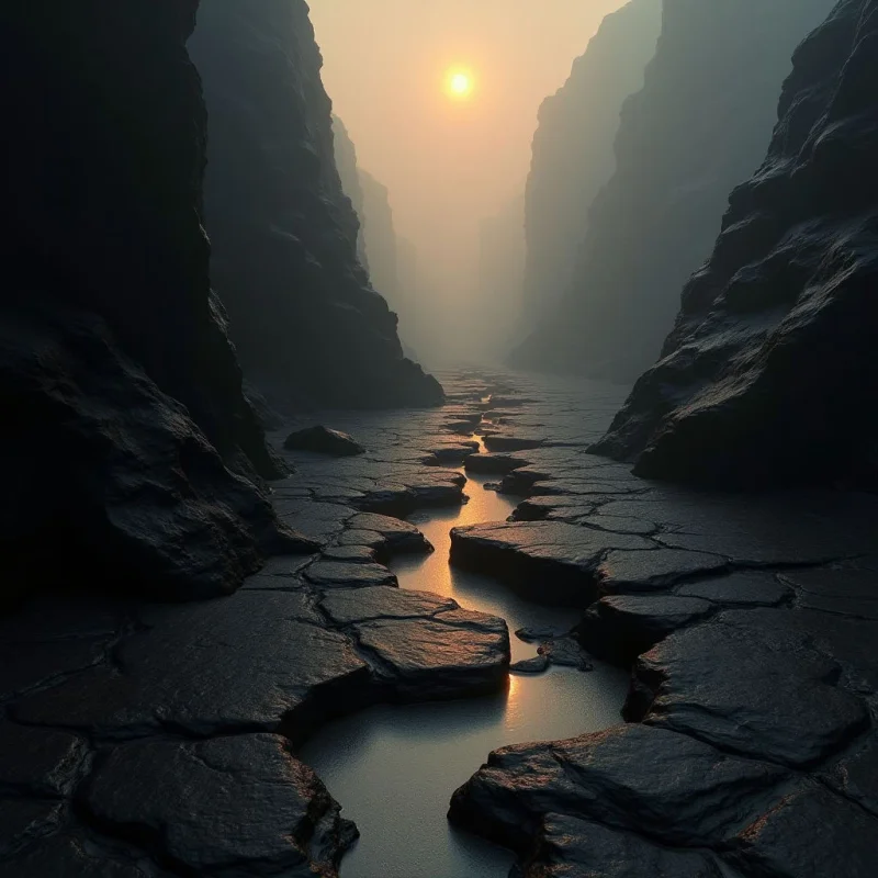 A narrow canyon is defined by dark, jagged rock walls that frame a central path of cracked, parched earth. A winding stream of reflective water snakes through the textured fissures, catching the warm, golden light from a bright sun positioned high in a hazy sky. The composition transitions from deep shadows in the foreground to a soft, luminous glow in the distant background.