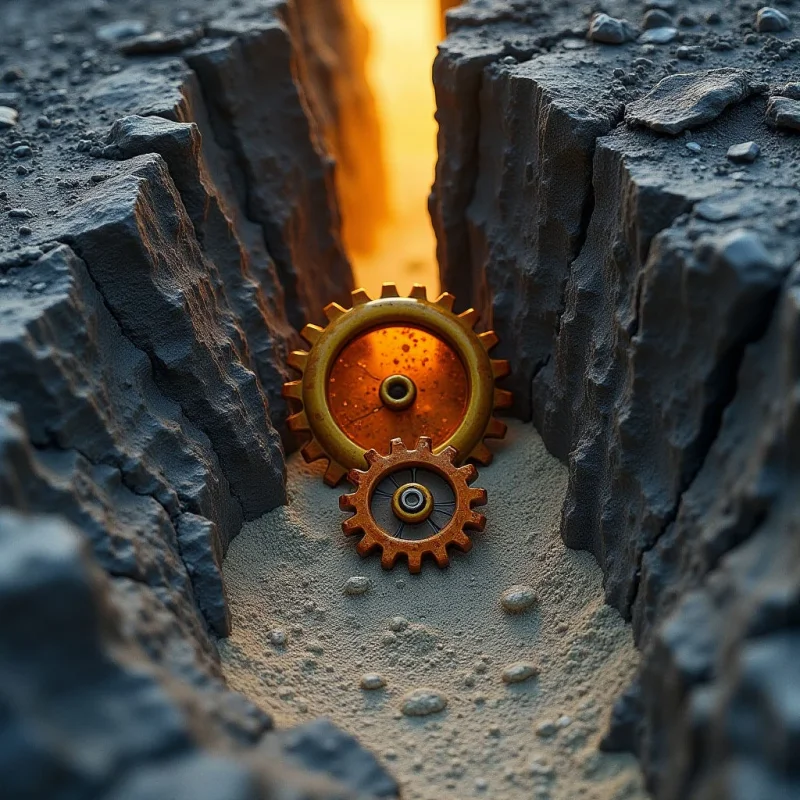 Two golden gears of varying sizes sit nestled within a narrow, rugged ravine filled with fine sand and small pebbles. A bright, warm orange light glows from the depths of the crevice, contrasting against the cool, dark grey tones of the textured rock walls. The composition creates a sense of depth, leading the eye from the coarse foreground textures toward the luminous background.