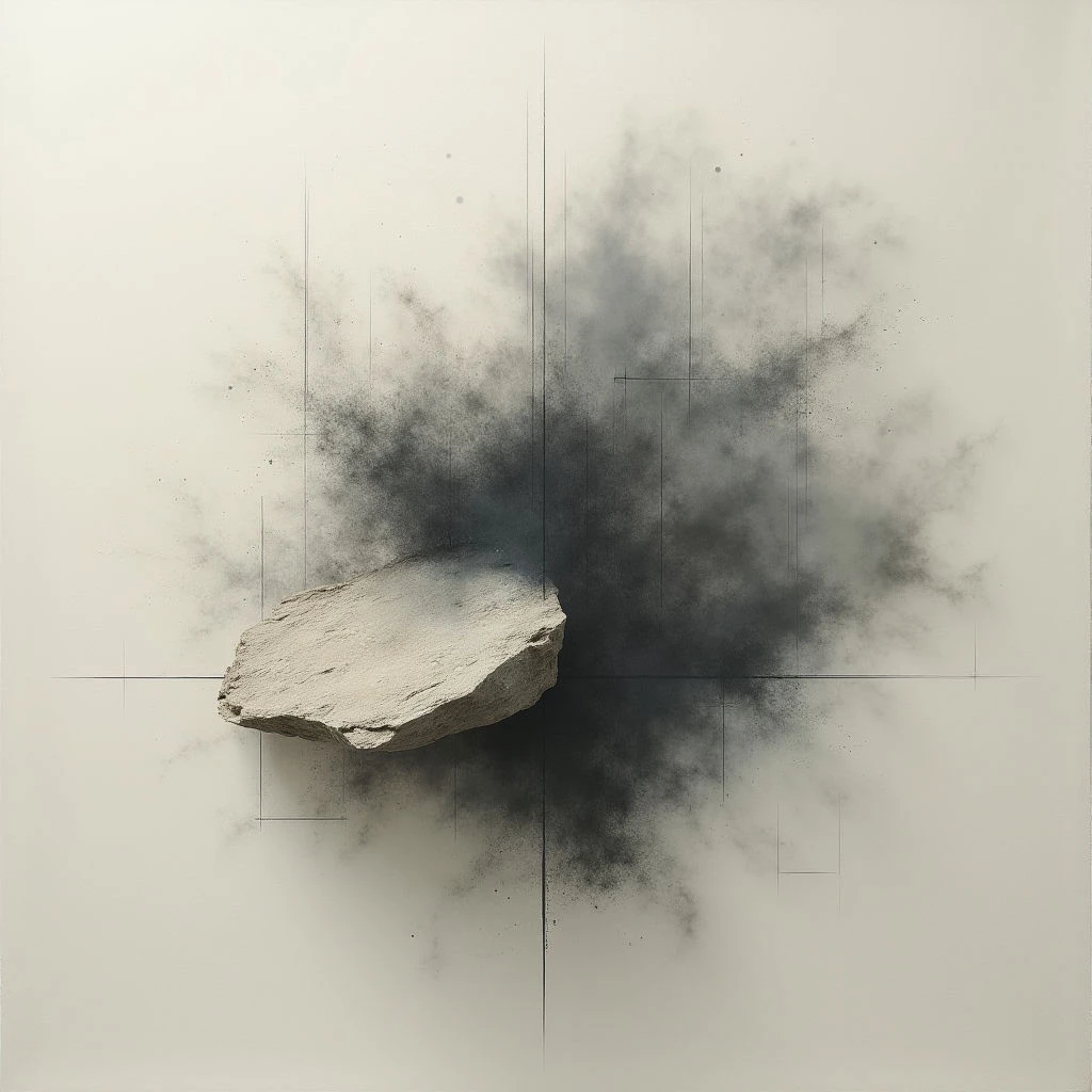 A rough, pale stone appears to have collided with a smooth, off-white surface, creating a dark, radiating burst of dust and debris. Faint grid lines intersect at the point of impact, suggesting measurement or analysis of the event. The scene evokes a sense of sudden force and disruption against a stark, neutral background.