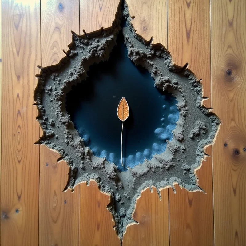 A single, slender orange leaf rests vertically within a dark, cavernous void framed by jagged, grey, sand-like textures. This central opening is set into a surface of light brown wooden planks with visible grain and knots. The composition centers on the contrast between the organic warmth of the wood and leaf against the cool, deep shadows and rough edges of the central crater.