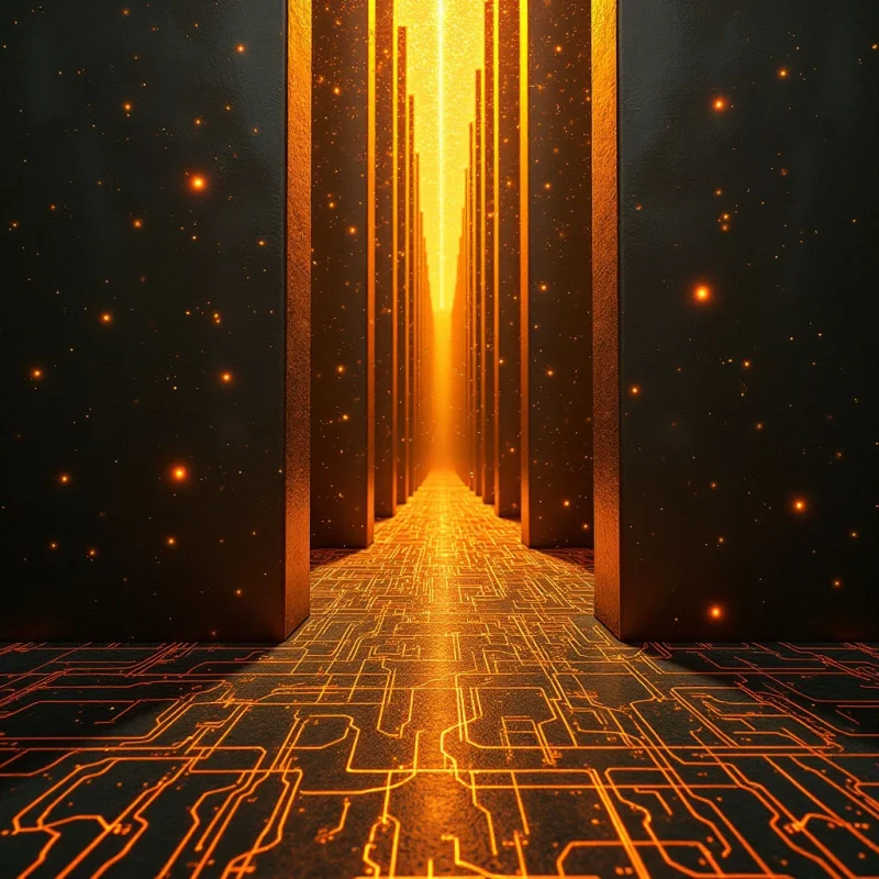 A glowing orange pathway with intricate circuit-like patterns recedes into a bright vertical corridor between dark, monolithic pillars. The composition features high contrast between the deep black surfaces and the luminous golden light, which is interspersed with small, sparkling points of light. Sharp geometric lines on the ground lead the eye toward a distant, radiant center, creating a sense of depth within a structured, digital-inspired space.
