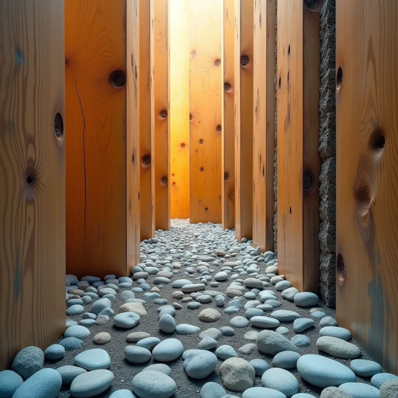 Vertical wooden pillars in warm amber and tan tones create a repetitive rhythmic pattern that leads the eye toward a bright, glowing center. The smooth, linear surfaces of the wood contrast with the irregular, rounded textures of light gray pebbles covering the ground. A strong sense of depth is established through the narrow corridor formed by the receding columns and the central light source.