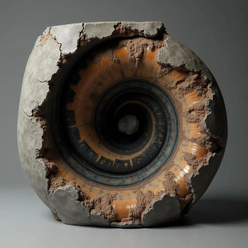 A circular object features a rough, grey, stone-like outer shell that is broken away to reveal an inner spiral of warm orange and dark charcoal tones. The interior displays concentric, textured ridges that recede toward a central, granular core. Soft light creates subtle shadows within the deep crevices and emphasizes the contrast between the smooth, dark spirals and the coarse, crumbling edges.