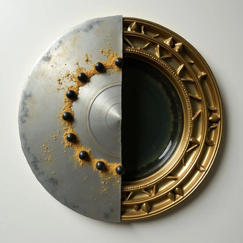 The image presents a circular form bisected into two distinct halves: one metallic gray and the other ornate gold. The left side has a matte texture with scattered dark granules and raised bumps, while the right displays a smooth, reflective surface framing a dark, blurred interior. Soft lighting creates gentle shadows across both sides, emphasizing the contrast in textures and suggesting depth within the circular space.