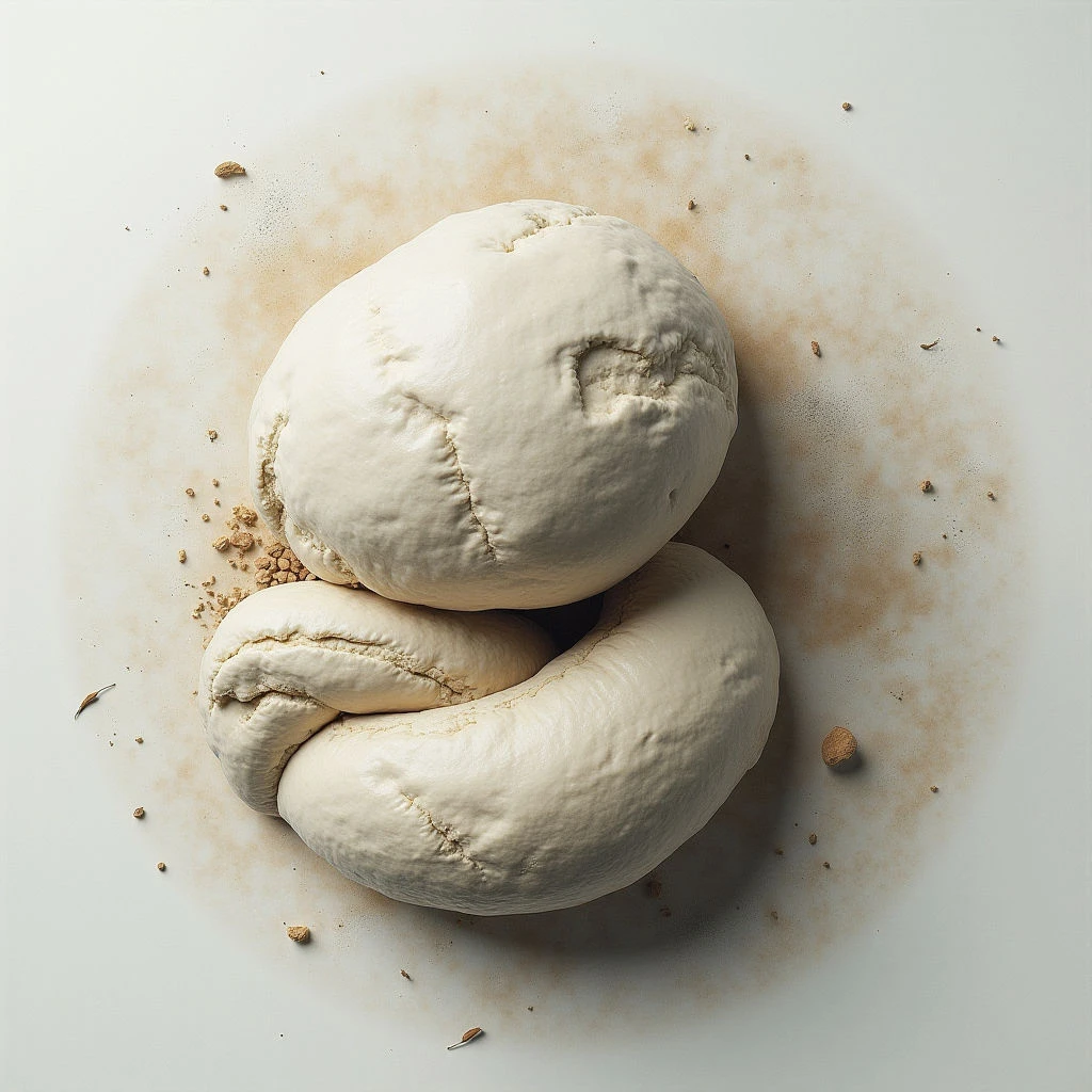 Two roughly formed lumps of pale dough rest on a light surface, stacked slightly askew. Fine crumbs and small pieces of baked material are scattered around them, suggesting the dough has been handled or broken apart. The overall impression is one of simple ingredients in preparation for baking.
