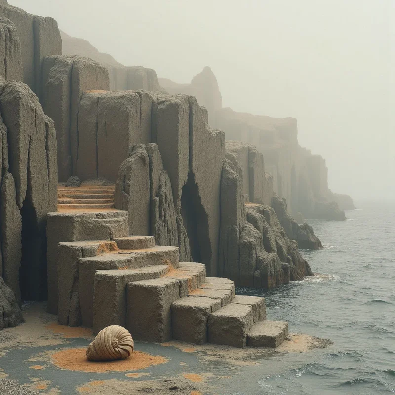 Monochromatic tones of beige and gray define a rugged landscape of vertical cliff faces and blocky, stone-like stairs. The textures are coarse and granular, contrasting with the fluid, rippled surface of the adjacent water. A soft, diffused light permeates the scene, blurring the spatial depth between the foreground structures and the hazy cliffs in the background.