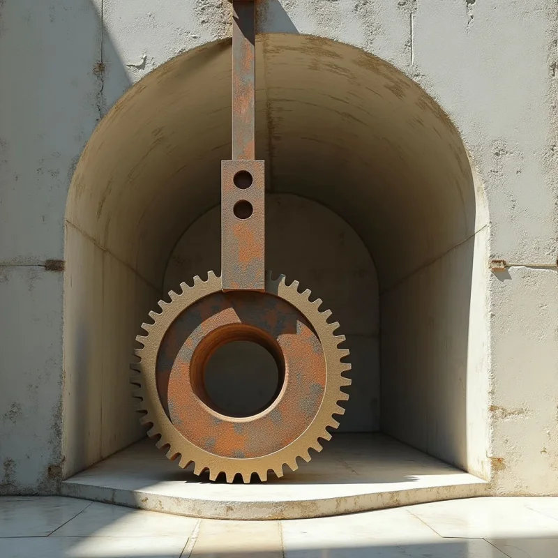 A large, rusted metal gear hangs vertically from a thick beam within a smooth, arched concrete alcove. The composition features earthy tones of orange and brown against off-white, textured surfaces under direct, high-contrast sunlight. The circular shapes of the gear and its central void create a focal point centered within the deep, shadowed curve of the architectural niche.