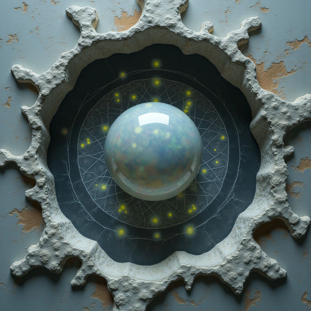 The image features a cool-toned palette of blues and grays, with small points of bright yellow light emanating from within a dark circular shape. A rough, jagged stone frame surrounds a smooth, iridescent sphere positioned centrally; the sphere reflects highlights and contains swirling internal patterns. The composition is largely flat, suggesting depth primarily through the receding layers of the circle and the contrast between textured and polished surfaces.