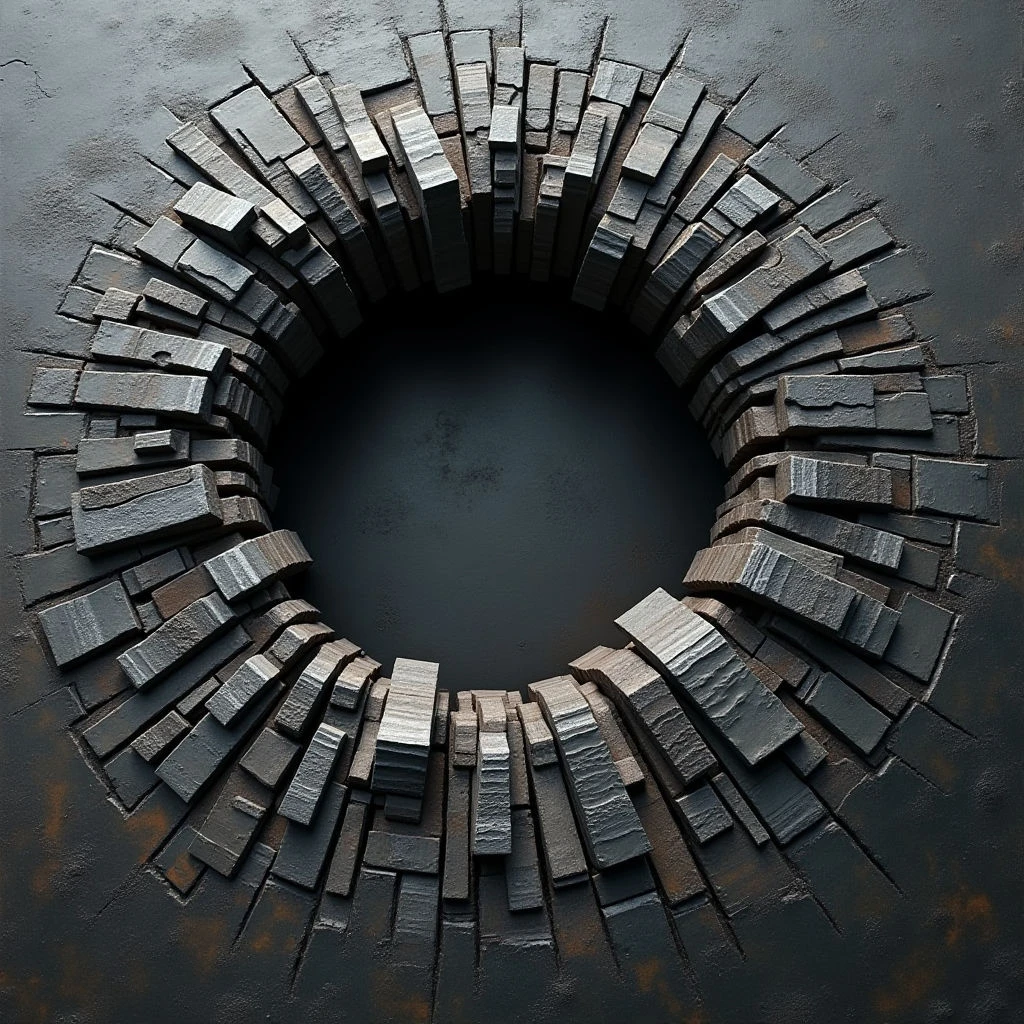 The image features a circular arrangement of rectangular blocks in varying shades of gray and brown, set against a dark, matte background. The blocks appear textured and slightly rough, with light catching on their edges to create subtle highlights and shadows. A central void draws the eye inward, suggesting depth and a three-dimensional space despite the overall flatness of the composition.