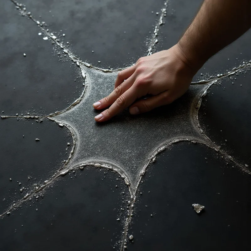 The image is dominated by dark tones with a central, star-shaped form created from a lighter, granular material on a black surface. A hand extends into the frame, partially obscuring the shape and appearing to interact with its texture. Light sources create highlights on both the hand and the granular substance, emphasizing their forms while casting subtle shadows across the surrounding dark space.