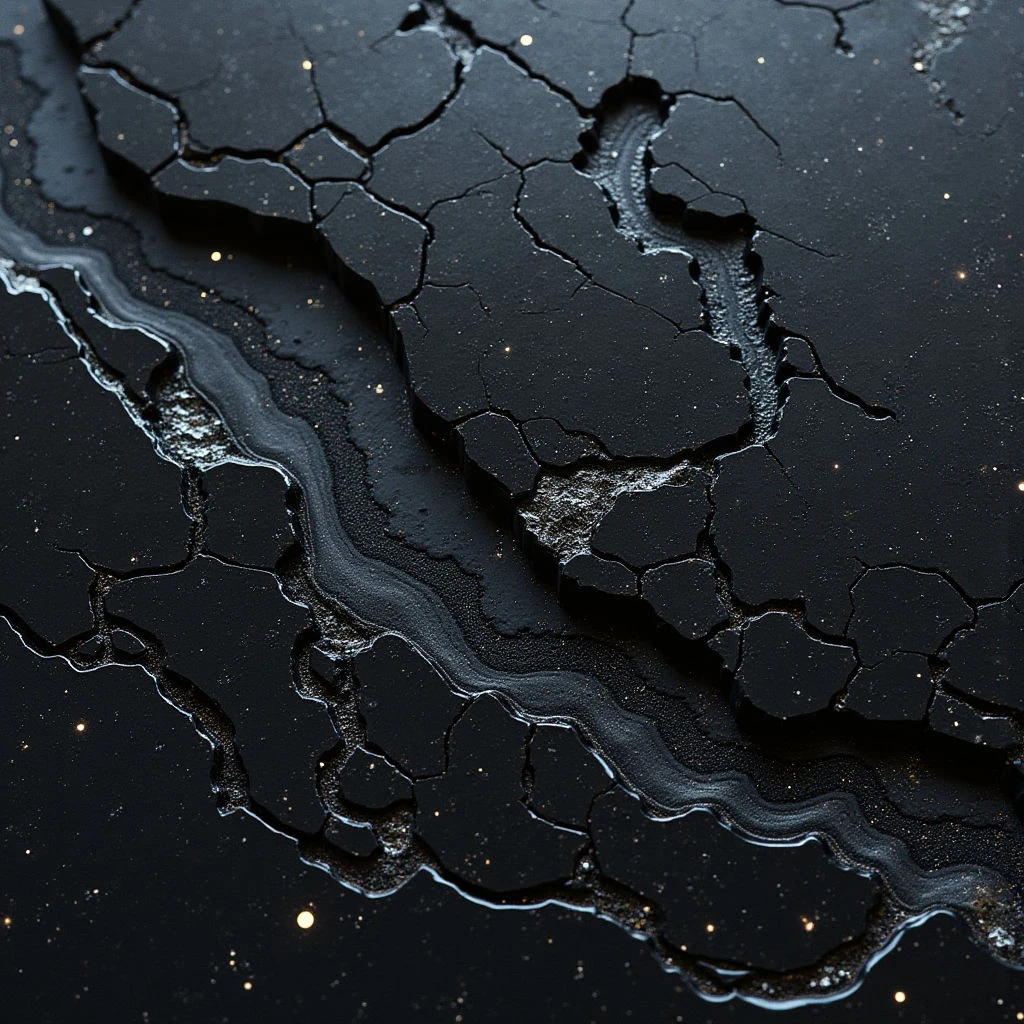 The image is dominated by shades of dark gray and black, with scattered points of gold highlighting a textured surface. A network of irregular cracks divides the main form into fragmented shapes, filled in part with lighter, swirling patterns resembling liquid or marbling. Light appears to originate from multiple sources, creating subtle highlights along the edges of fissures and within the fluid-like areas, suggesting depth and three-dimensionality.