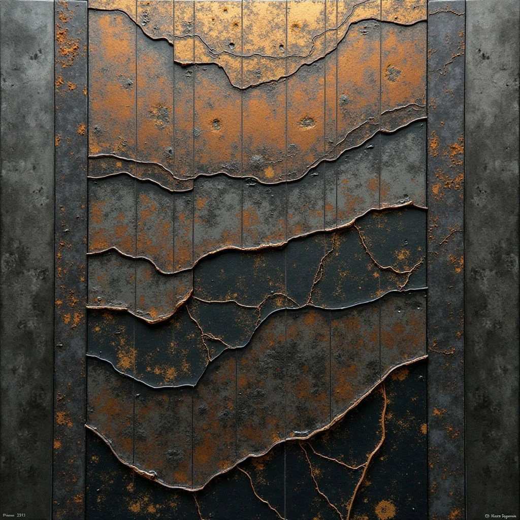 The image features a central arrangement of layered, horizontal forms in shades of rust orange and dark gray, resembling corroded metal plates. These overlapping shapes are irregular and fragmented with rough, textured surfaces contrasted by smoother areas within each layer. Light appears to come from above, highlighting the raised edges and imperfections while creating shadows that emphasize the depth between the layers and their surrounding frame.