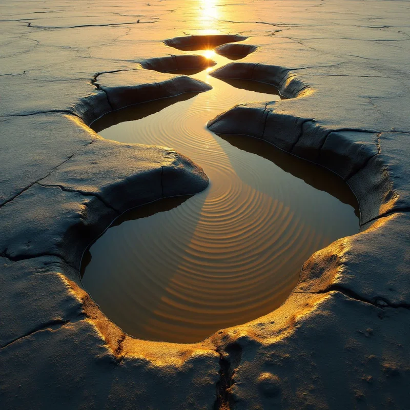 The image features a landscape dominated by warm tones of gold, brown, and ochre, with a central winding waterway reflecting the sunset. The cracked earth surrounding the water exhibits a rough, uneven texture contrasting with the smooth, rippled surface of the liquid itself. Light emanates from the horizon, creating strong highlights on the water's edge and casting shadows within the fissures of the terrain, defining depth and spatial recession.