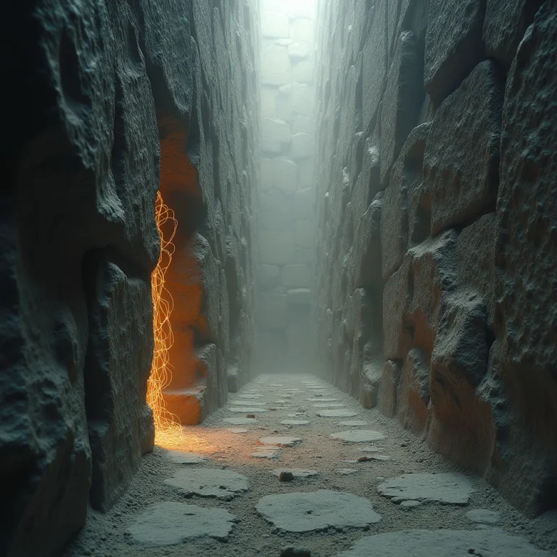 A narrow corridor of large, irregular gray stone blocks creates a deep sense of perspective leading toward a bright, misty opening. A glowing orange light emanates from a fissure in the left wall, casting warmth onto the rough, textured surfaces and the sandy floor. The composition is defined by vertical lines and heavy shadows that contrast with the soft, diffused light at the far end.