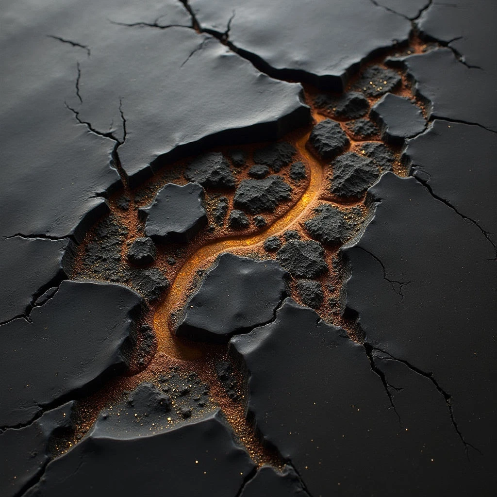 The image is dominated by dark grays and blacks, contrasted with glowing orange lines that weave through a fractured surface. The texture appears rough and uneven, composed of jagged rock formations and granular particles, while the cracks themselves create sharp, angular shapes throughout the composition. Light emanates from within the orange fissures, casting subtle highlights on the surrounding darker material and suggesting depth beneath the broken plane.