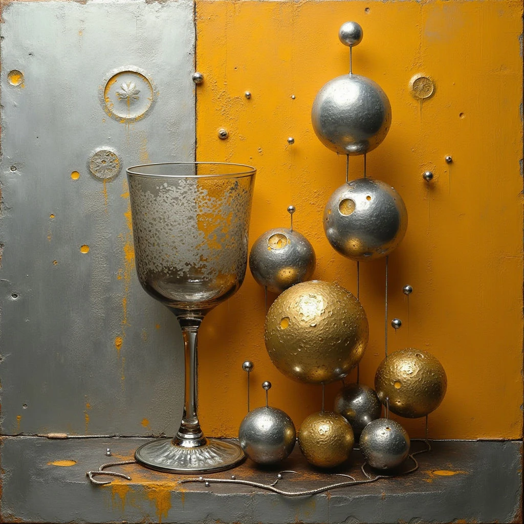 The image features a split color scheme of cool grey and warm yellow, with metallic gold accents throughout. A textured wine glass stands to the left, contrasting with a cluster of spherical objects suspended on thin rods against the yellow background. The composition utilizes both flat planes and rounded forms, with light reflecting off the various surfaces creating highlights and shadows that suggest depth despite limited spatial recession.