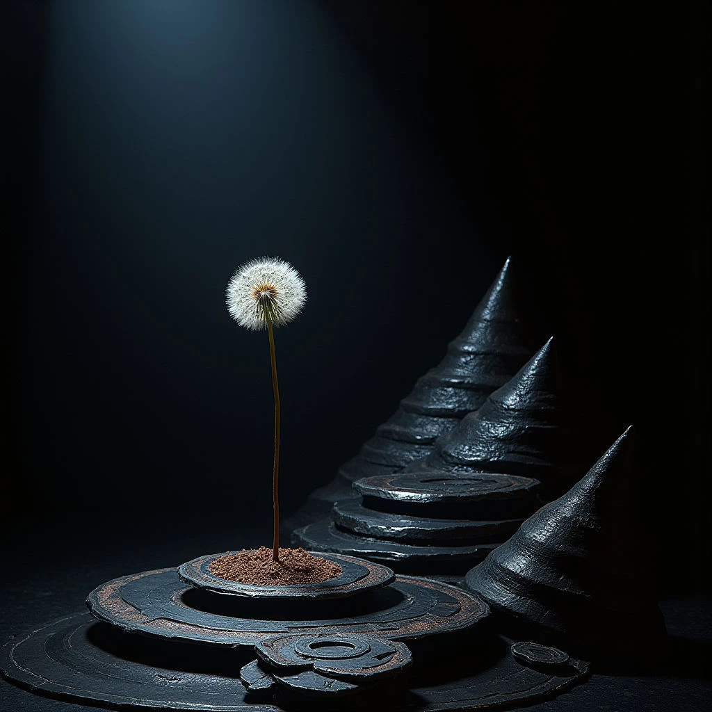 The image features a stark contrast between a delicate white dandelion seed head and a dark, textured landscape. The background is predominantly deep blue-black with subtle gradients of light, while the foreground consists of layered, roughly circular forms in shades of brown and black, appearing somewhat rocky or eroded. A single slender stem rises from the center of the lowest layer, supporting the airy spherical shape of the seed head which is centrally positioned and illuminated, creating a focal point against the surrounding darkness.