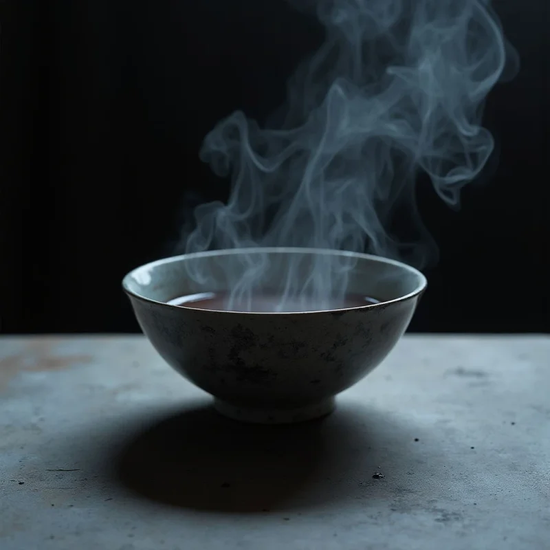 A single dark bowl sits on a textured, gray stone surface against a solid black background. Wisps of white steam rise in swirling, ethereal shapes from the liquid inside the bowl. A soft light source creates a subtle highlight on the rim and casts a deep shadow onto the foreground.