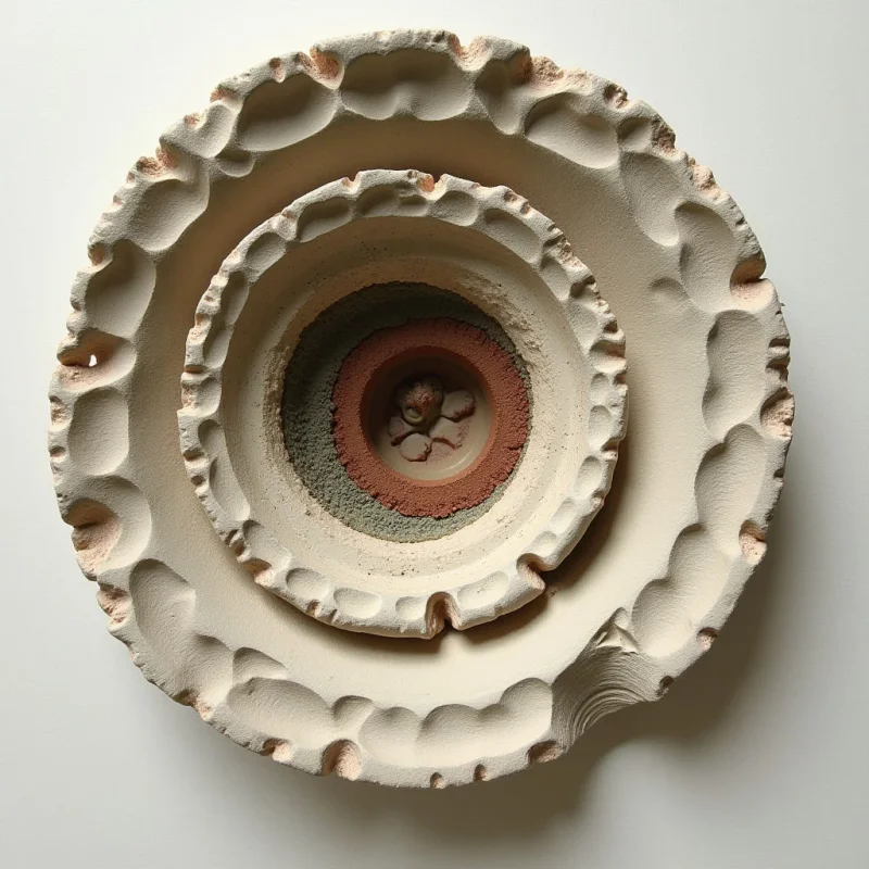 Concentric circular forms in shades of cream, terracotta, and muted sage create a layered, nested composition against a white background. The textures vary from smooth surfaces to coarse, pitted, and undulating edges that suggest organic or geological formations. Soft light casts gentle shadows within the recessed rings, emphasizing the depth and spatial relationship between each concentric layer.