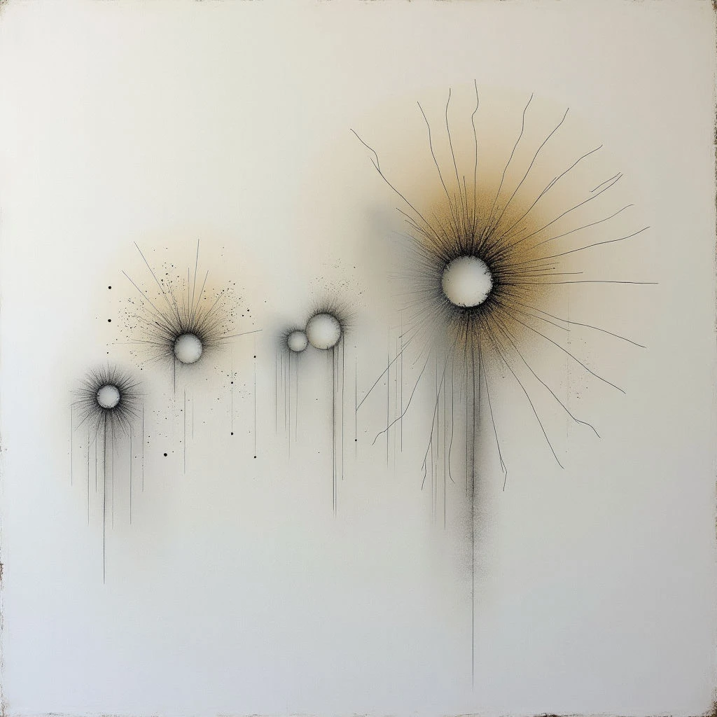 A series of glowing, spherical shapes diminish in size across a pale background, resembling dispersing dandelion seeds. Each sphere is surrounded by radiating lines and trails of dark speckles that fall downwards like wisps or shadows. The largest orb has a golden halo around its center, while the others fade into more subtle tones.