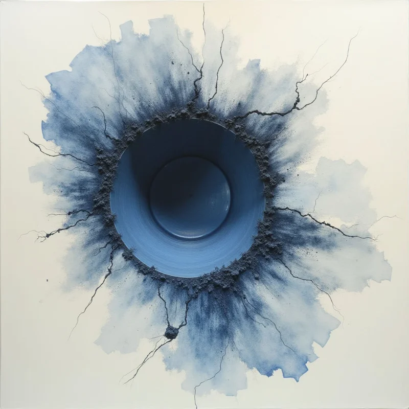 A central, circular blue void is surrounded by a radiating explosion of dark indigo and light blue pigments against an off-white background. Jagged, vein-like lines extend outward from the center, cutting through textured, granular clusters that transition into soft, washed watercolor shapes. The composition creates a sense of depth through the concentric layering of shadows within the central sphere and the expansive, outward movement of the surrounding hues.