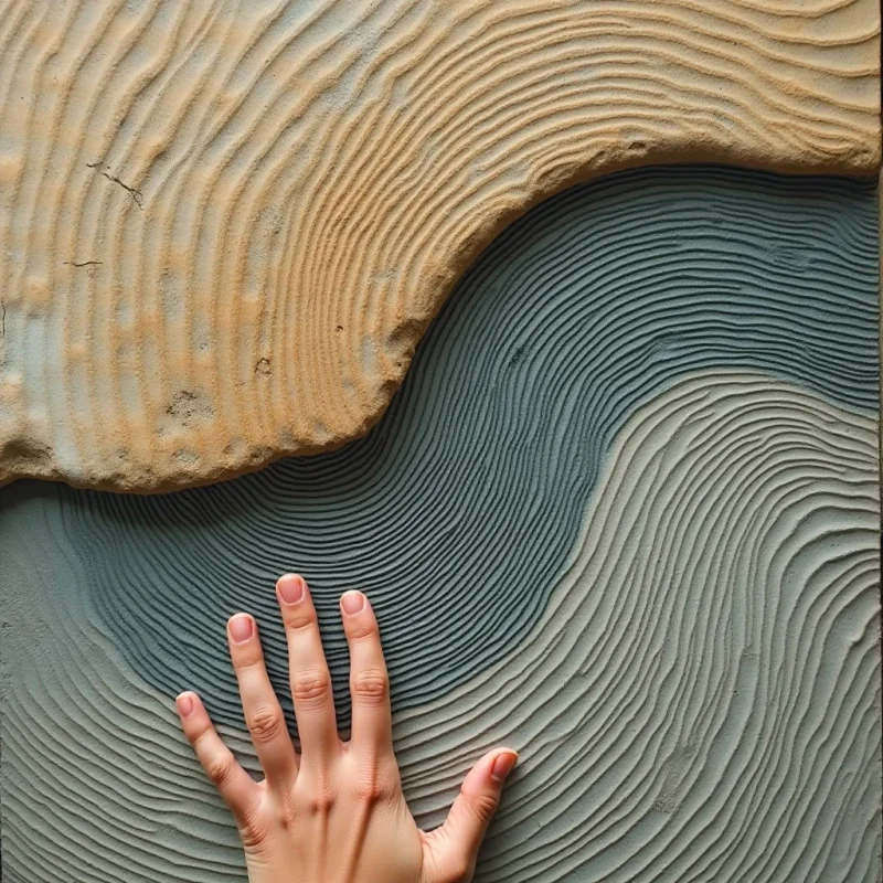 Curving bands of tan and dark gray sand create a flowing, topographical pattern across the frame. Deeply etched, rhythmic ridges provide a heavy texture that mimics waves or geological strata. A pale human hand rests against the lower left section, its smooth skin contrasting with the coarse, grooved surfaces of the surrounding landscape.
