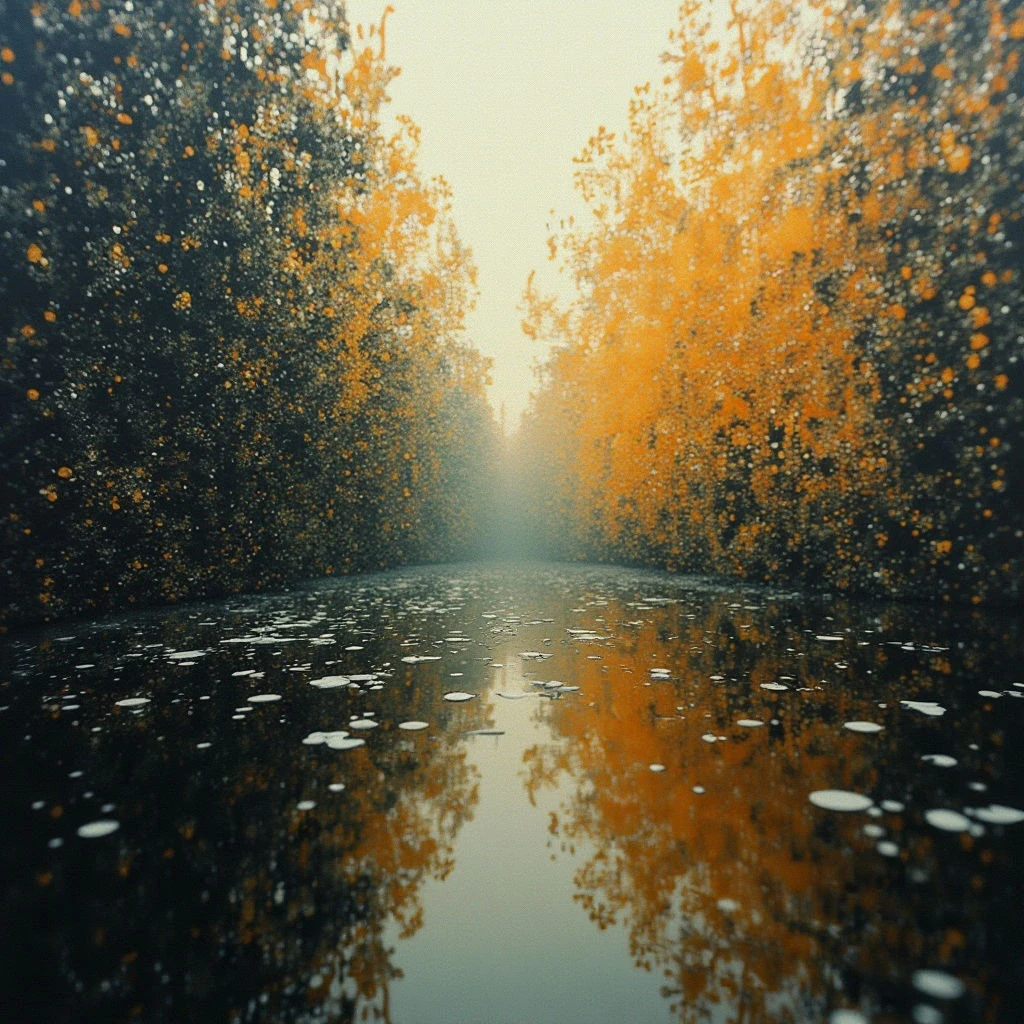 A still body of water reflects a tunnel of trees with golden autumn leaves. The surface of the water is covered in small, scattered droplets, mirroring the light and color above. A hazy brightness illuminates the distant end of the tree-lined path.