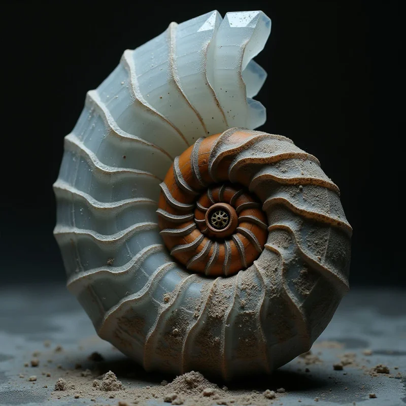 A spiral shell features a gradient of warm copper tones at its center transitioning into translucent, pale blue-white segments. The surface is defined by deep, rhythmic ridges and a gritty, sandy texture that clings to the grooves. Soft light highlights the crystalline edges of the upper coils while casting gentle shadows within the structural folds against a dark, neutral background.