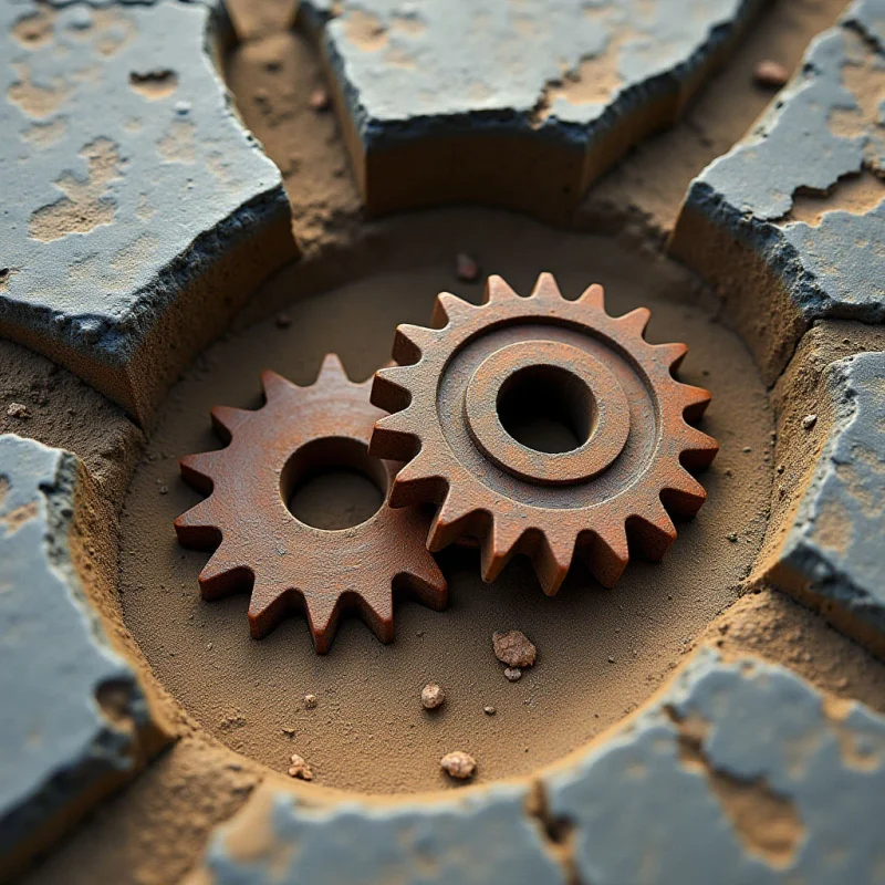 Two rusted, reddish-brown gears with jagged teeth rest within a circular depression of fine, tan sand. The surrounding terrain consists of cracked, slate-gray stone slabs that create irregular geometric shapes and deep crevices. Soft, diffused light illuminates the scene, highlighting the gritty texture of the sand and the rough, oxidized surfaces of the metal.