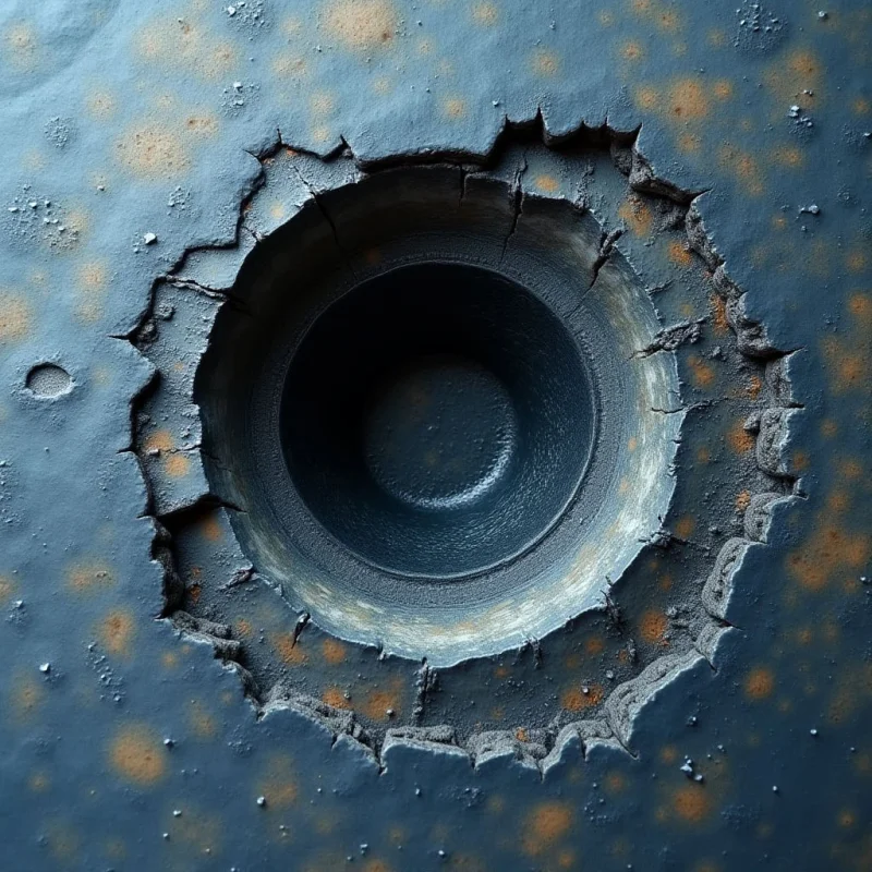 A large, circular crater with jagged, fractured edges dominates a dark blue, textured surface marked by scattered orange rust spots. The composition features concentric, bowl-like layers within the central depression, creating a sense of depth through descending shadows and highlights. Light catches the rough, granular textures of the cracked rim and the pitted expanse surrounding the void.