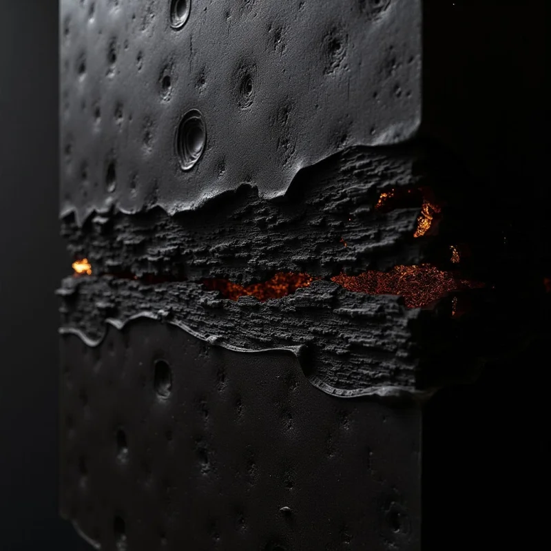 The image features a predominantly dark color palette of blacks and grays, punctuated by a bright orange glow emanating from a central fissure. The surface texture is rough and uneven across most of the composition, contrasting with the jagged edges of the crack revealing a granular interior; circular indentations are scattered throughout the surrounding areas. Light focuses intensely on the glowing crevice, creating strong shadows that define the depth and spatial relationship between the solid planes and the open break.