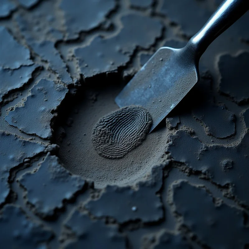 A dark, textured surface of cracked, matte earth surrounds a circular depression filled with fine, charcoal-colored powder. Within this depression, an oval fingerprint shape is imprinted into the granular dust, featuring distinct, concentric ridges. A smooth, metallic tool rests diagonally across the scene, its reflective surface contrasting with the rough and powdery textures below.