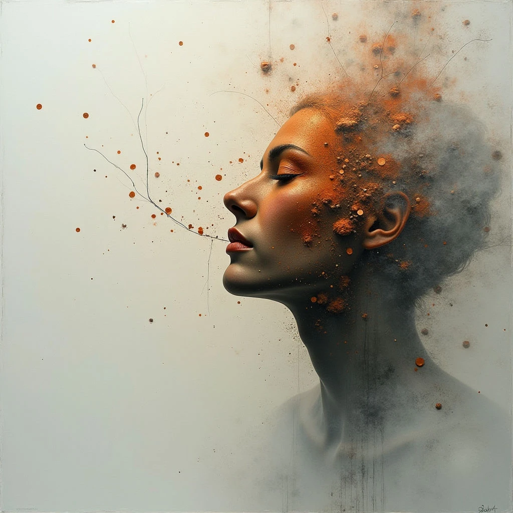 The image features a profile portrait of a person with skin tones ranging from deep brown to olive, set against a pale grey background. The hair and portions of the face appear to be dissolving into granular textures of rust-colored particles, contrasted by smoother areas of skin and defined facial features. Light primarily illuminates the subject’s nose and cheekbone, creating shadows that emphasize the form while subtle lines radiate outwards from the mouth, suggesting movement or dispersal.